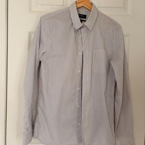 A.P.C. Men's White and Blue Pinstripe Shirt. Preowned in good condition.